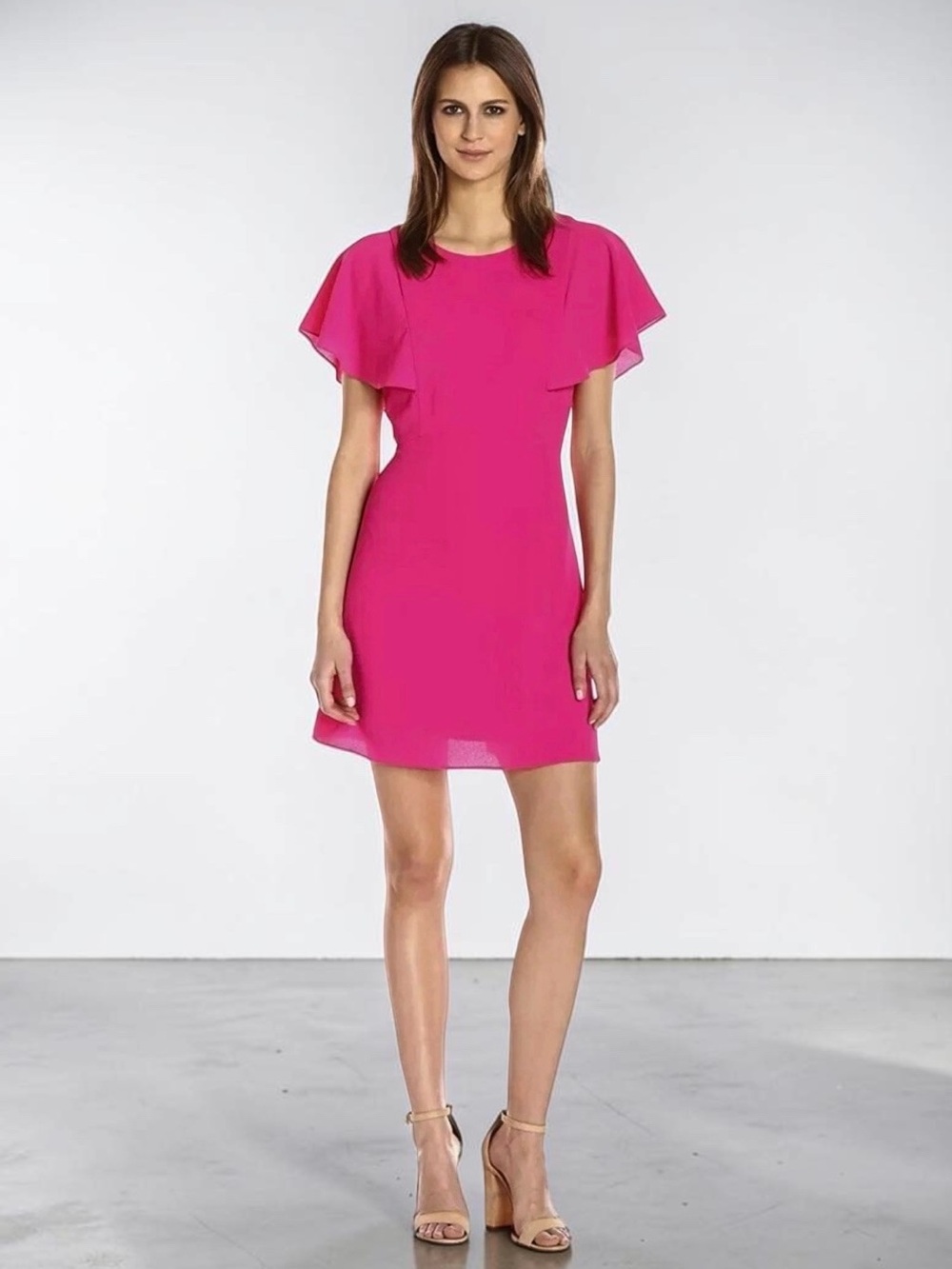 Kensie Crepe Flutter Sleeve Hot Pink Barbie Fit & Flare A-Line Mini-Dress Size S